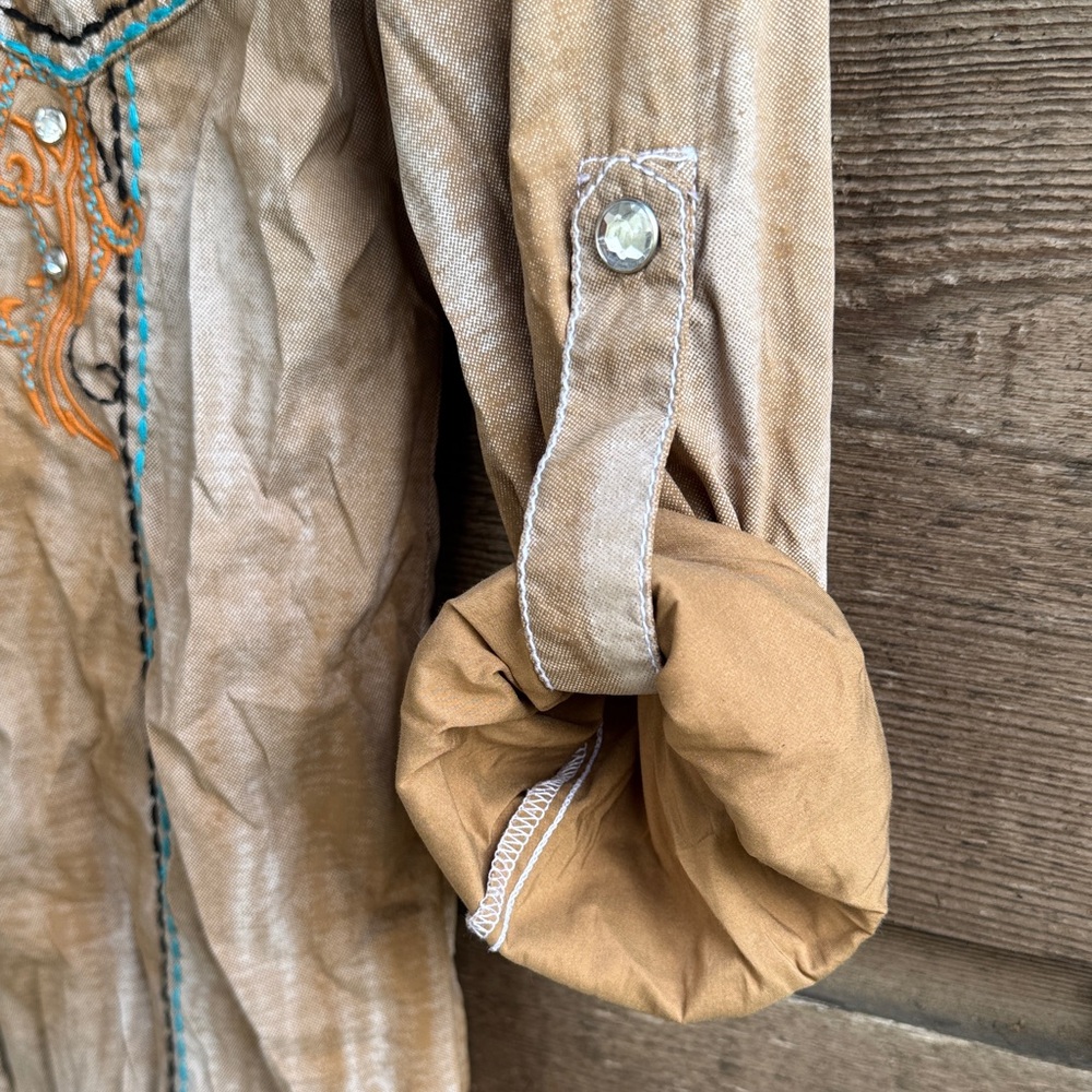 Roar Tan and Blue Embroidered Women’s Shirt - Picture 3 of 5